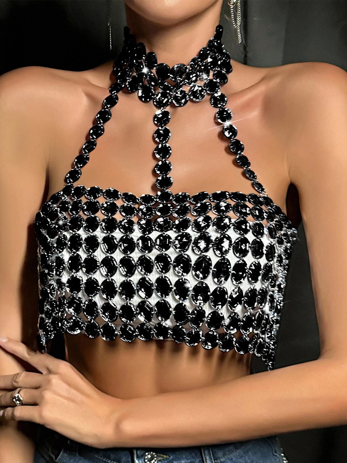 Rhinestone Halter Neck Crop Top - Festigal