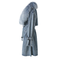 Mongolian Fur Collar Denim Trench Coat - Festigal