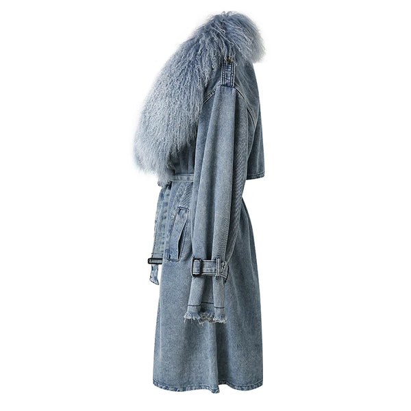 Mongolian Fur Collar Denim Trench Coat - Festigal