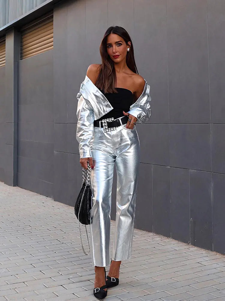 Metallic Look Jacket & Pants Two Piece Set - Festigal