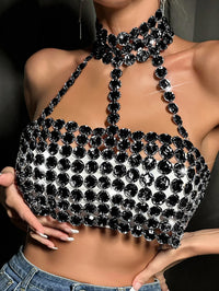 Rhinestone Halter Neck Crop Top - Festigal