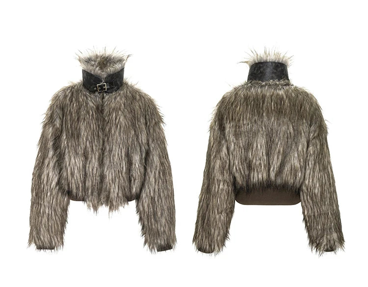 Brown Shaggy Faux Fur Coat - Festigal