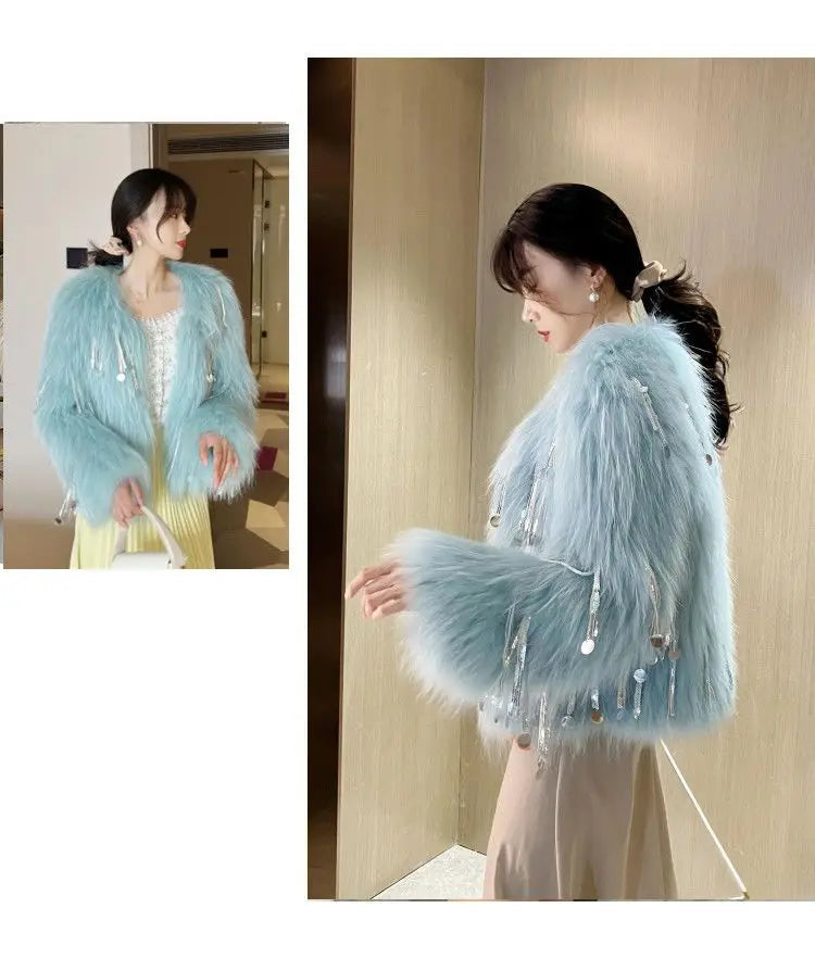 Women's Faux Fur Blue Sequin Tassel Jacket - Festigal