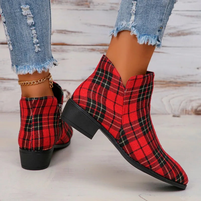 Red Plaid Ankle Boots - Festigal