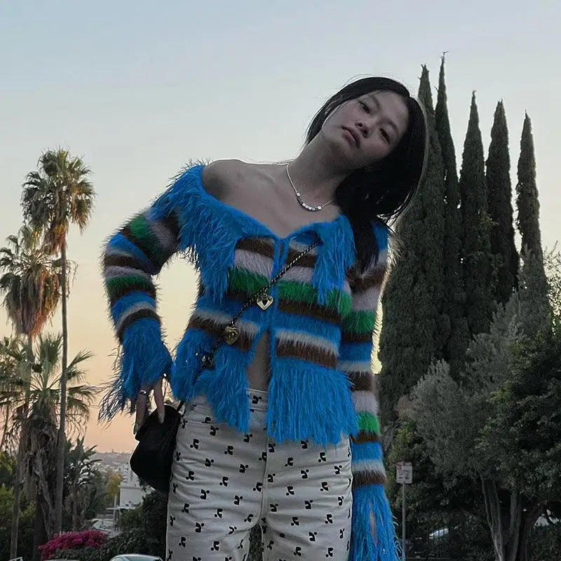 Unusual Slash-Neck Tasselled Cardigan - Festigal