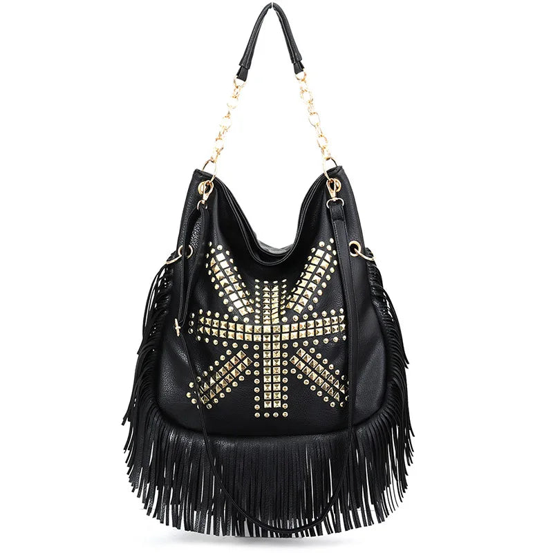 Black Studded Tassel Shoulder Bag - Festigal