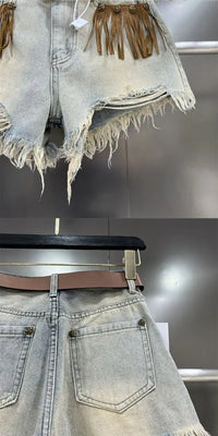 Denim Distressed Tassel Shorts - Festigal