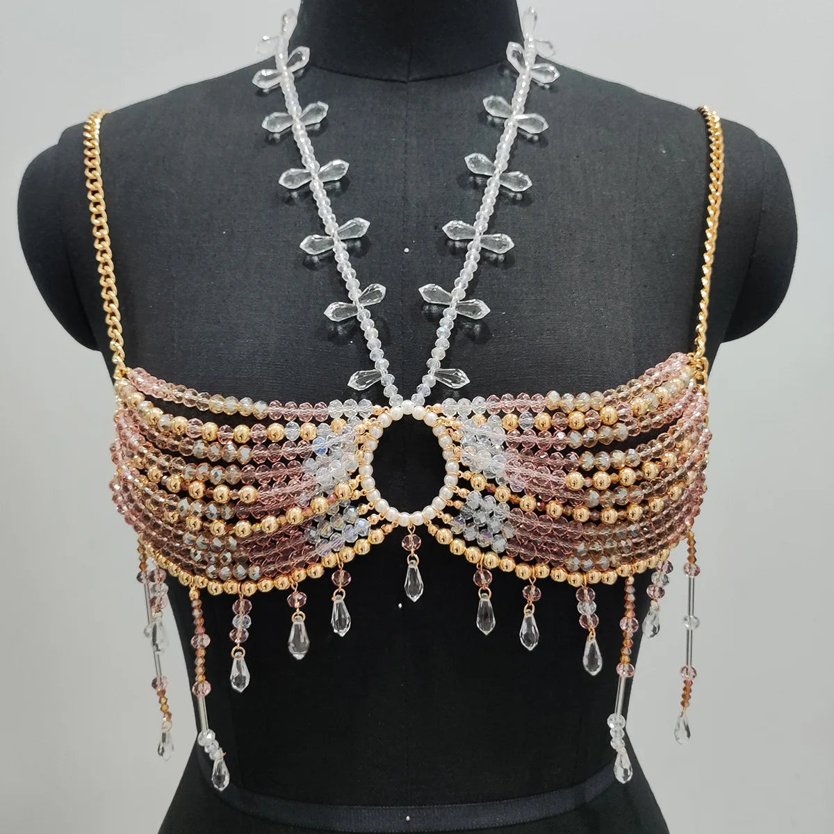 Beaded Tassel Chain Halter Neck Top