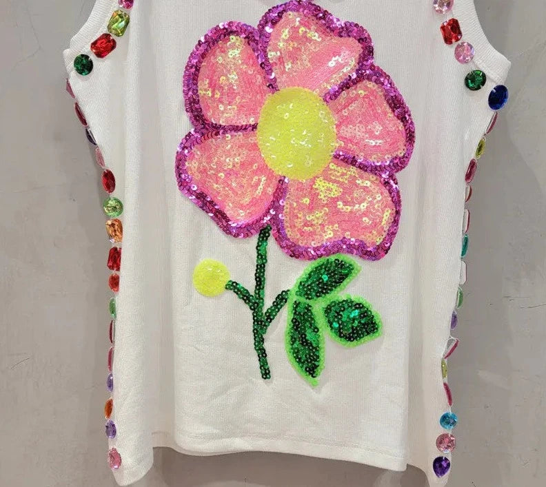 3D Rhinestone Flower Tank Top - Festigal