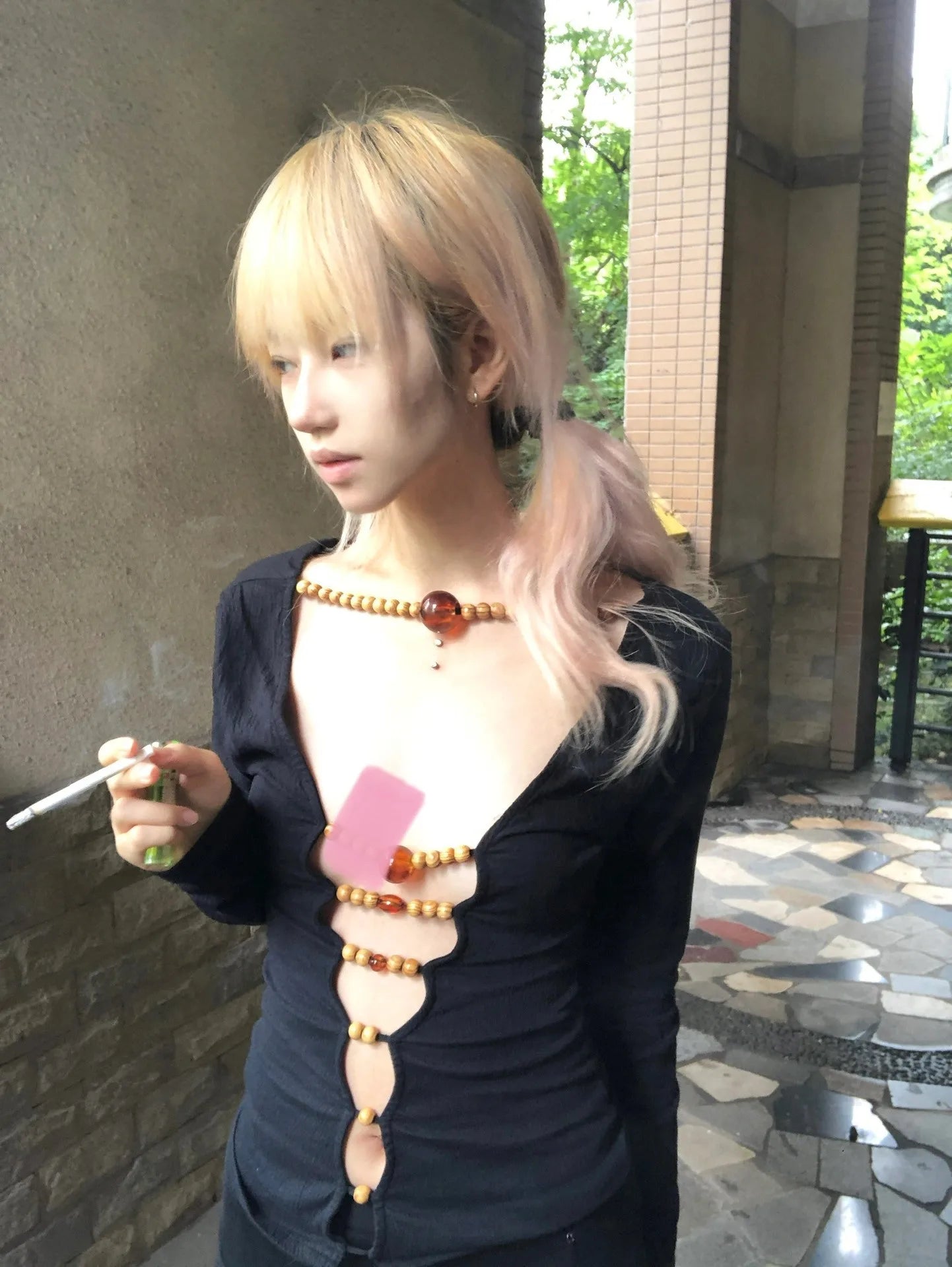 Beaded Hollow Out Long Sleeve Top - Festigal