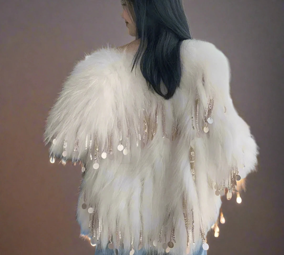 Women's Faux Fur Sequin Tassel Jacket - Festigal