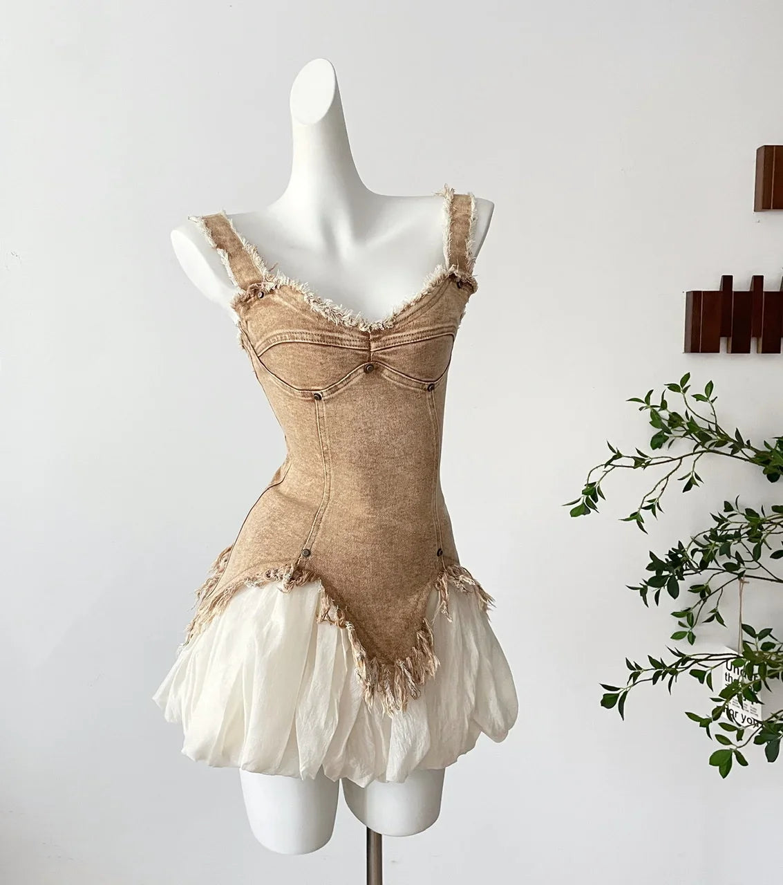 Denim Distressed Tank Top & Bubble Skirt Two Piece Set - Festigal