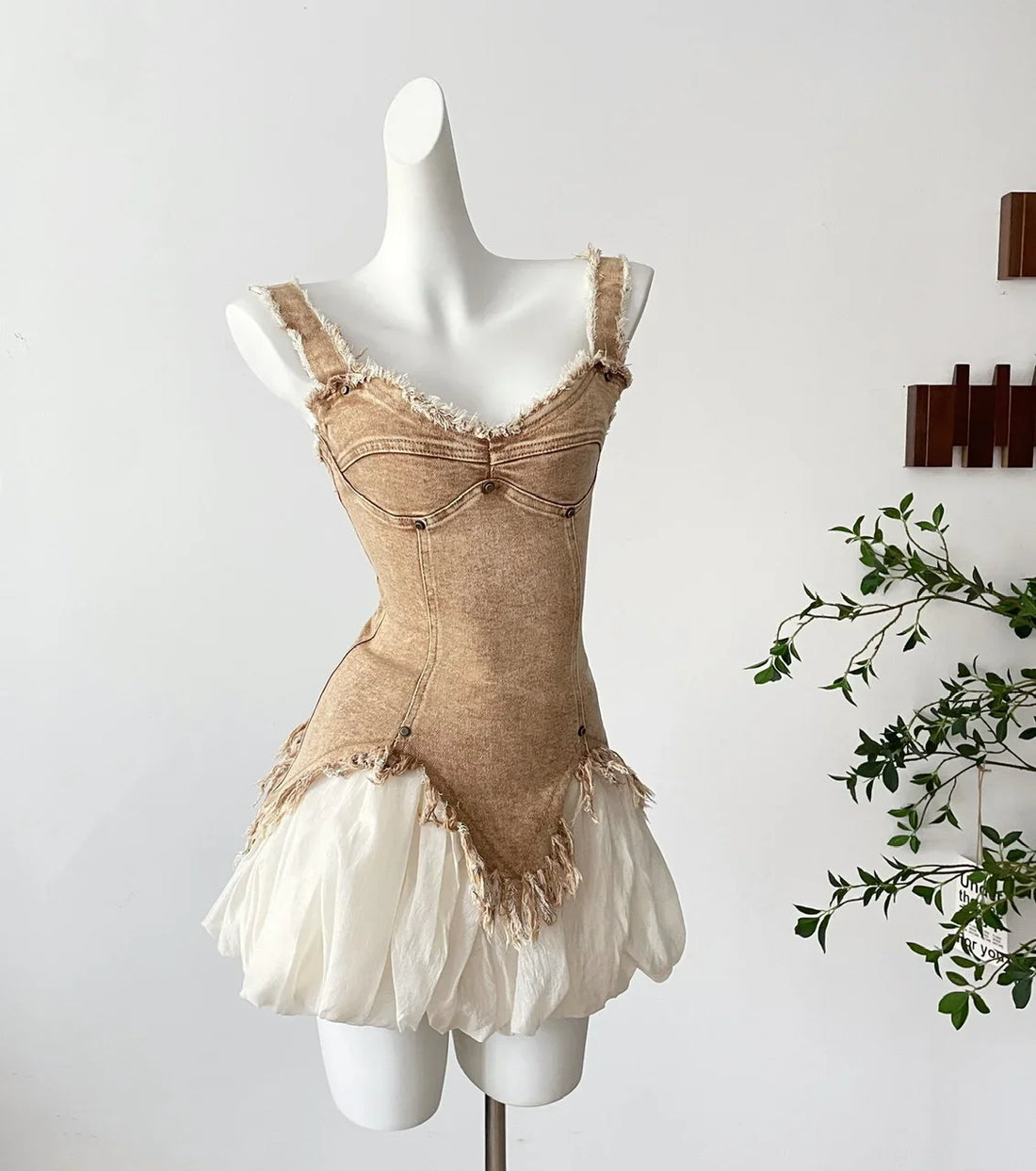 Denim Distressed Tank Top & Bubble Skirt Two Piece Set - Festigal