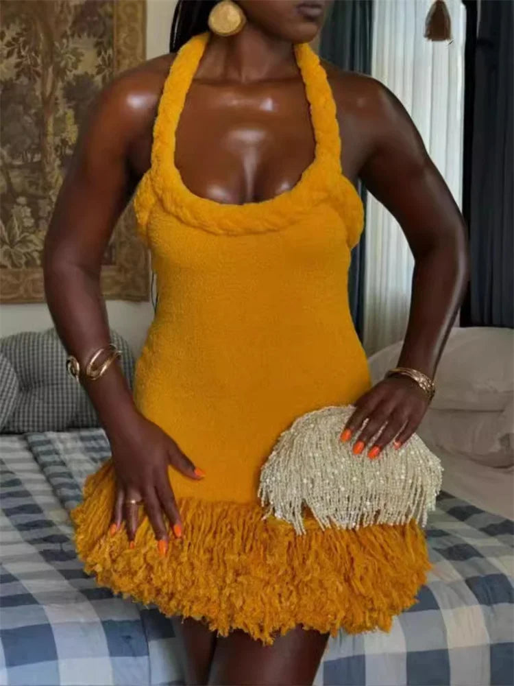 Orange Braided Fluffy Trim Dress - Festigal