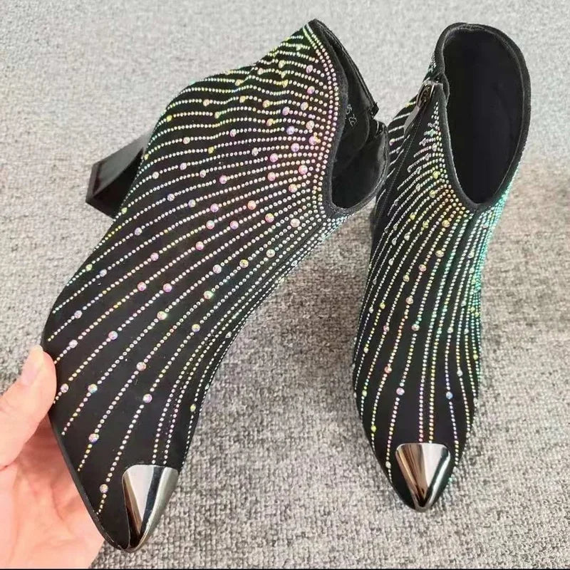 Black Rhinestone Ankle Boots - Festigal
