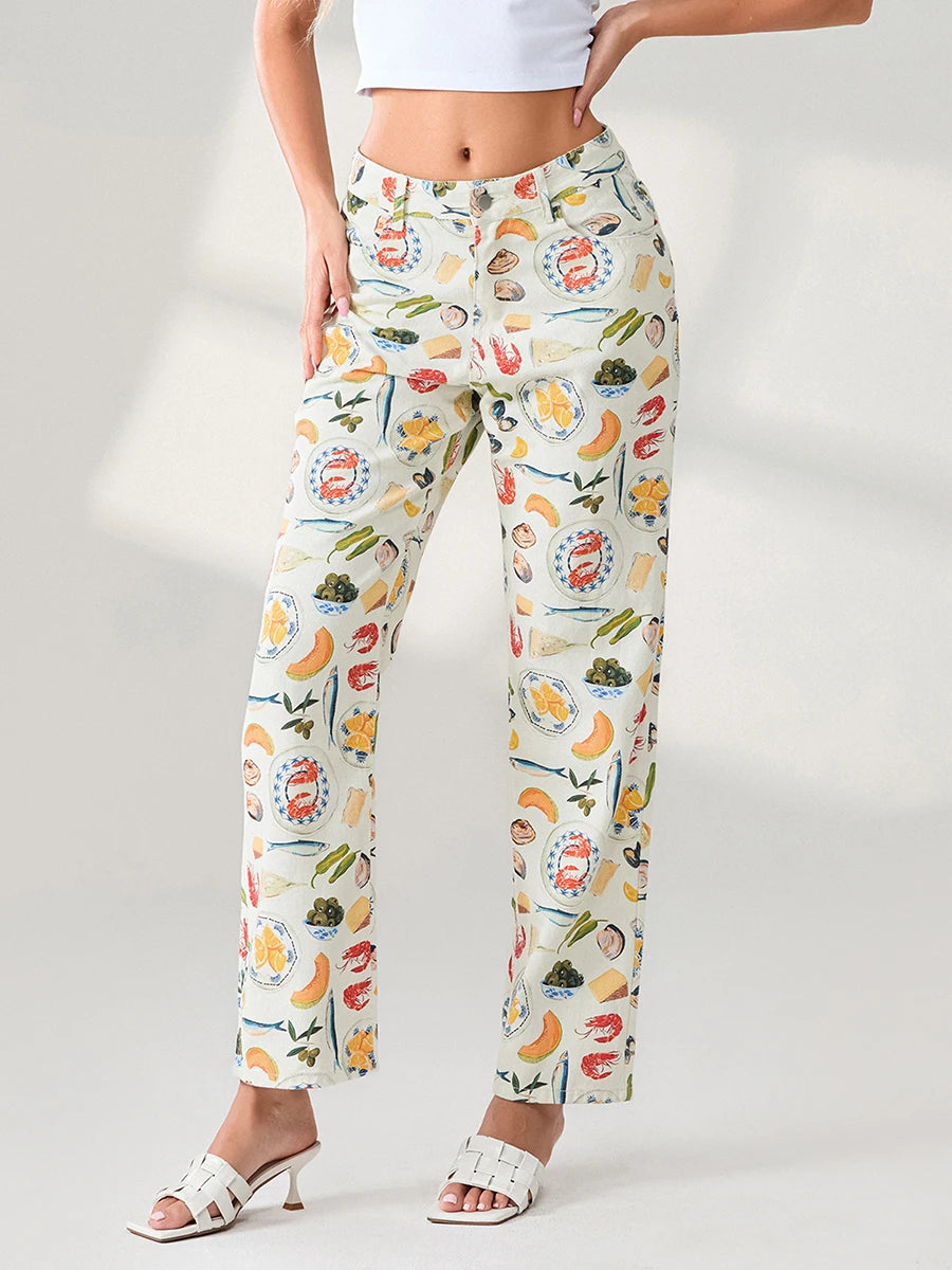 Food Print Straight Leg Trousers - Festigal