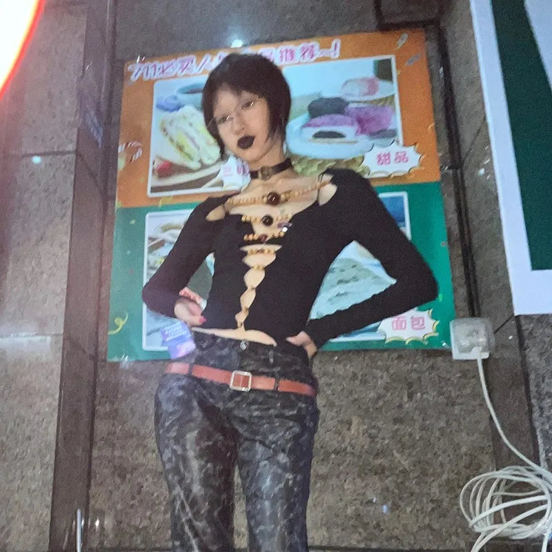 Beaded Hollow Out Long Sleeve Top - Festigal