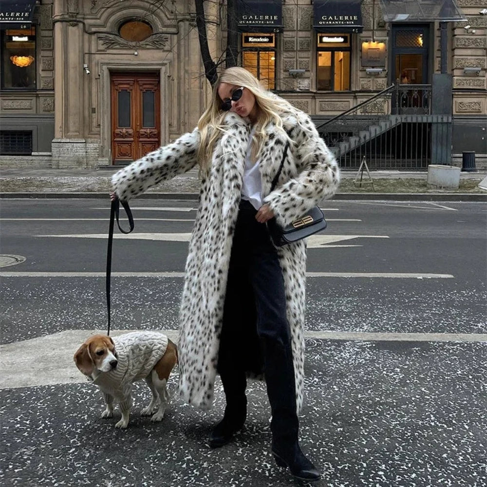 Snow Leopard Style Faux Fur Coat - Festigal
