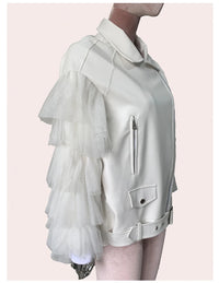 Faux Leather Ruffle Sleeve Jacket - Festigal