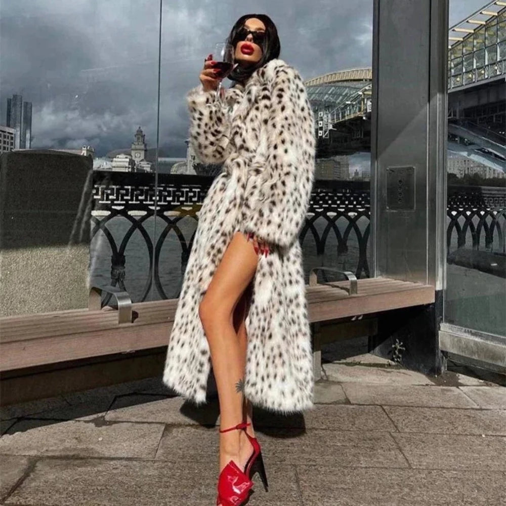 Snow Leopard Style Faux Fur Coat - Festigal
