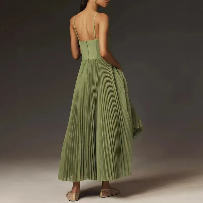 Green Pleated A-Line Dress - Festigal