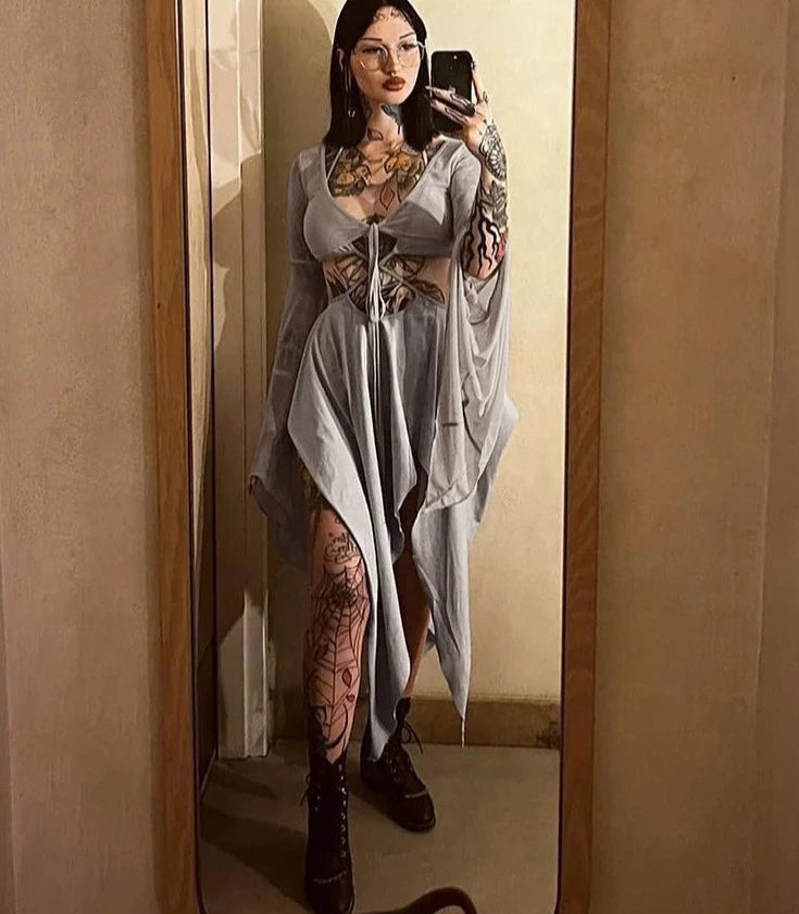 Asymmetrical Bell Sleeve Lace-Up Dress - Festigal