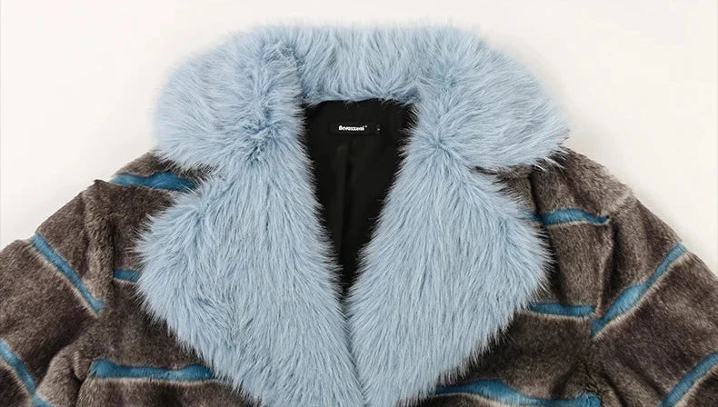 Grey and Blue Striped Faux Fur Coat - Festigal