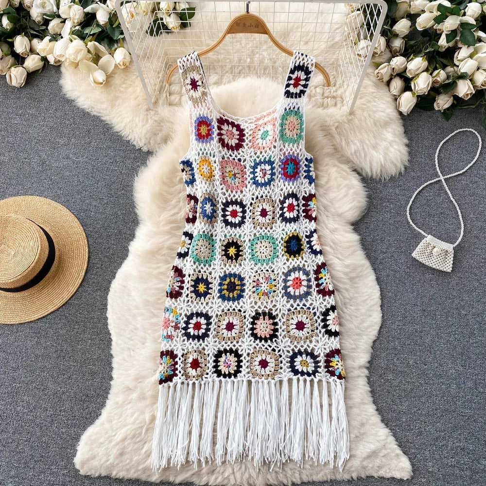 Crochet Granny Square Tassel Dress - Festigal