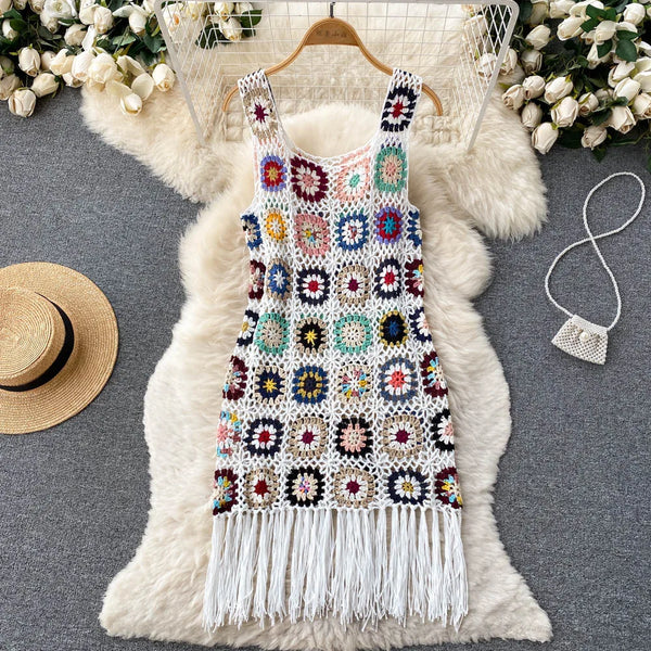 Crochet Granny Square Tassel Dress - Festigal