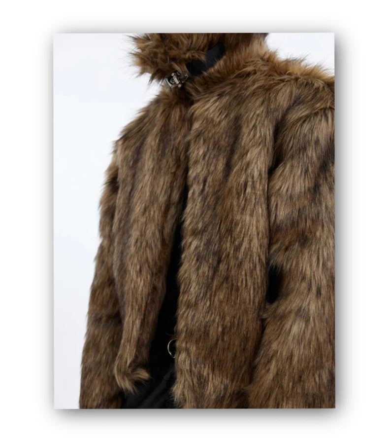 Unisex Brown Faux Fur Coat - Festigal