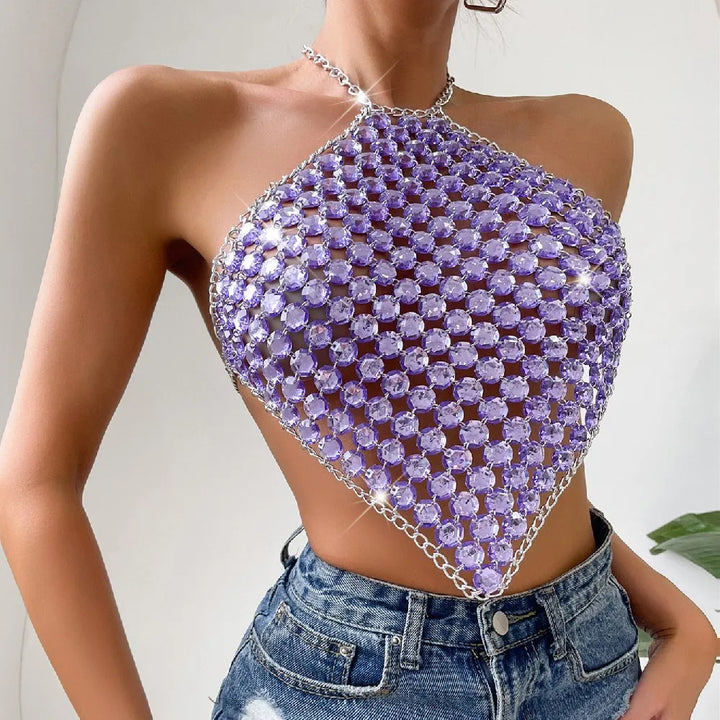Sparkly Crystal  Purple Halter Backless Crop Top - Festigal