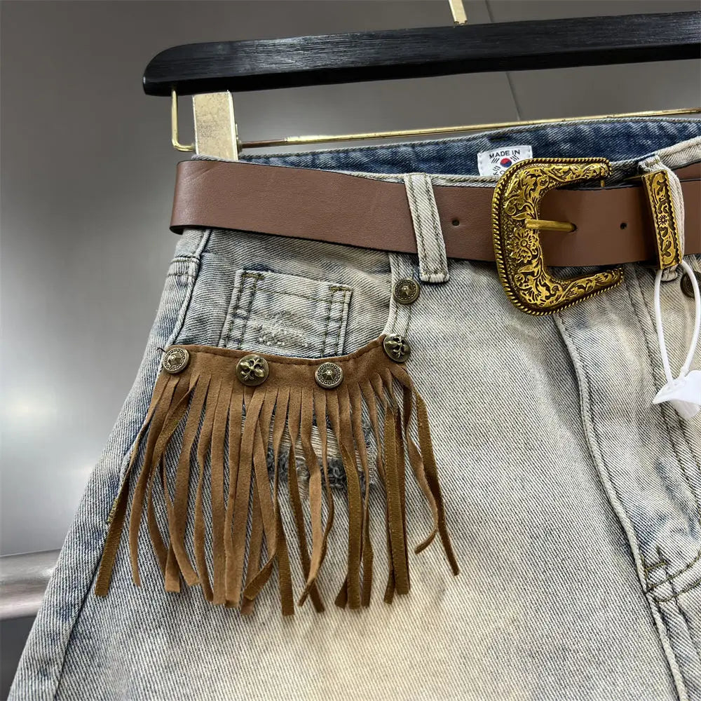 Denim Distressed Tassel Shorts - Festigal
