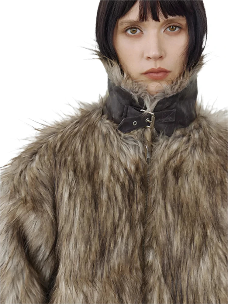 Brown Shaggy Faux Fur Coat - Festigal