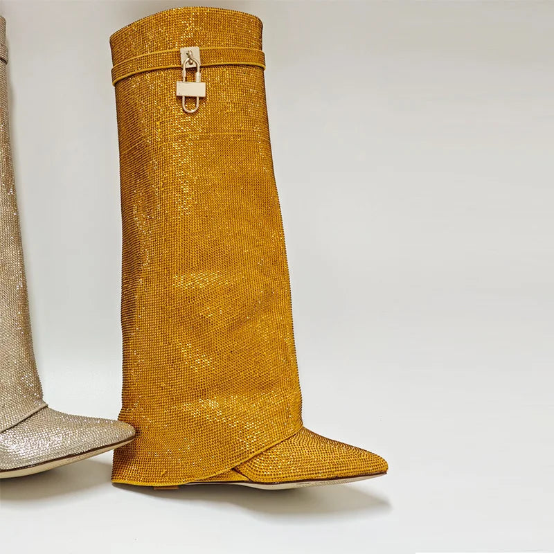 Rhinestone Knee High Wedge Boots