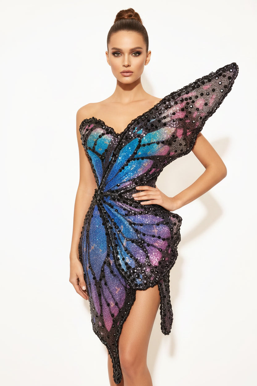 3D Butterfly Wing Asymmetrical Dress
