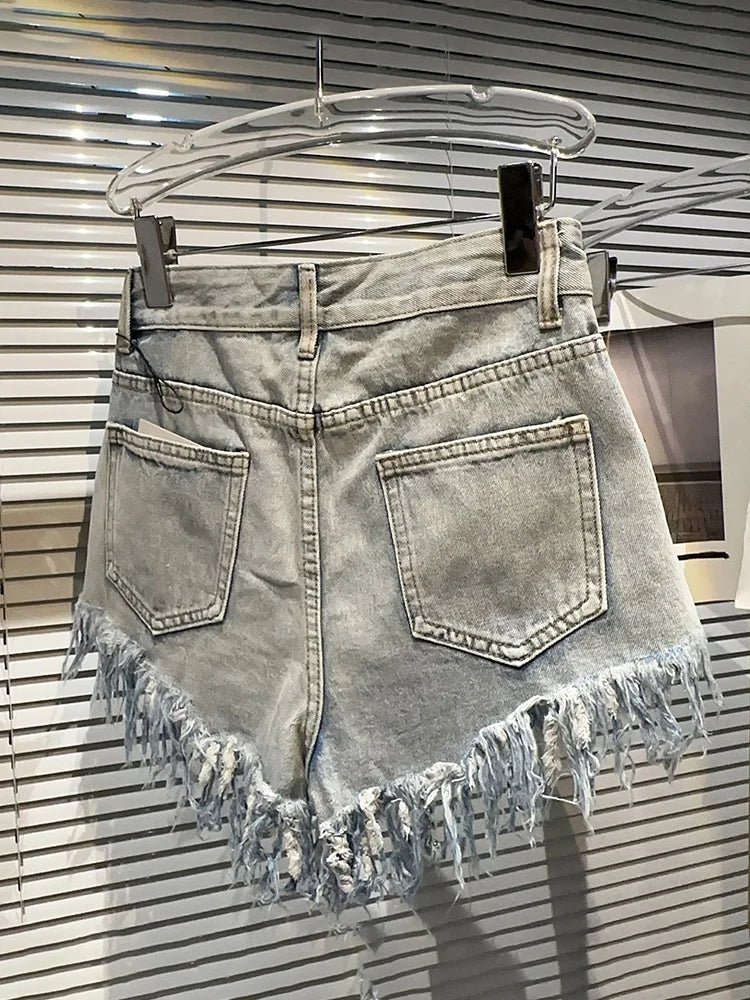 Denim Rhinestone Frayed Shorts - Festigal