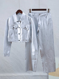 Metallic Look Jacket & Pants Two Piece Set - Festigal