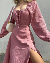 Lace-Up Lantern Sleeve Midi Dress - Festigal