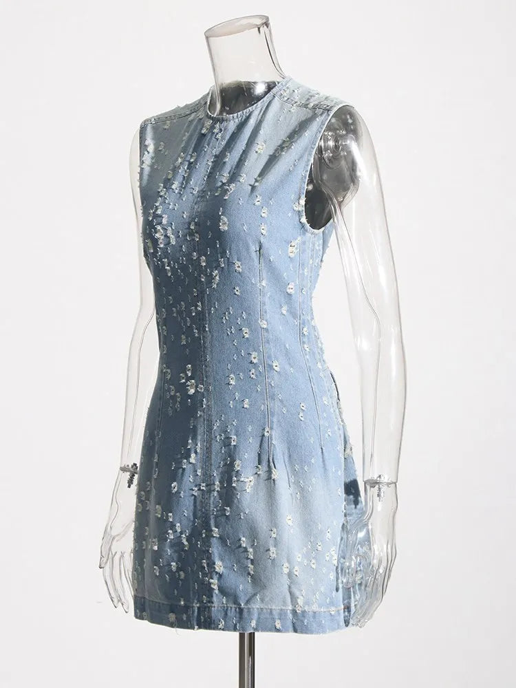 Distressed Denim A-Line Dress - Festigal