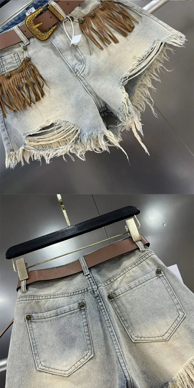 Denim Distressed Tassel Shorts - Festigal