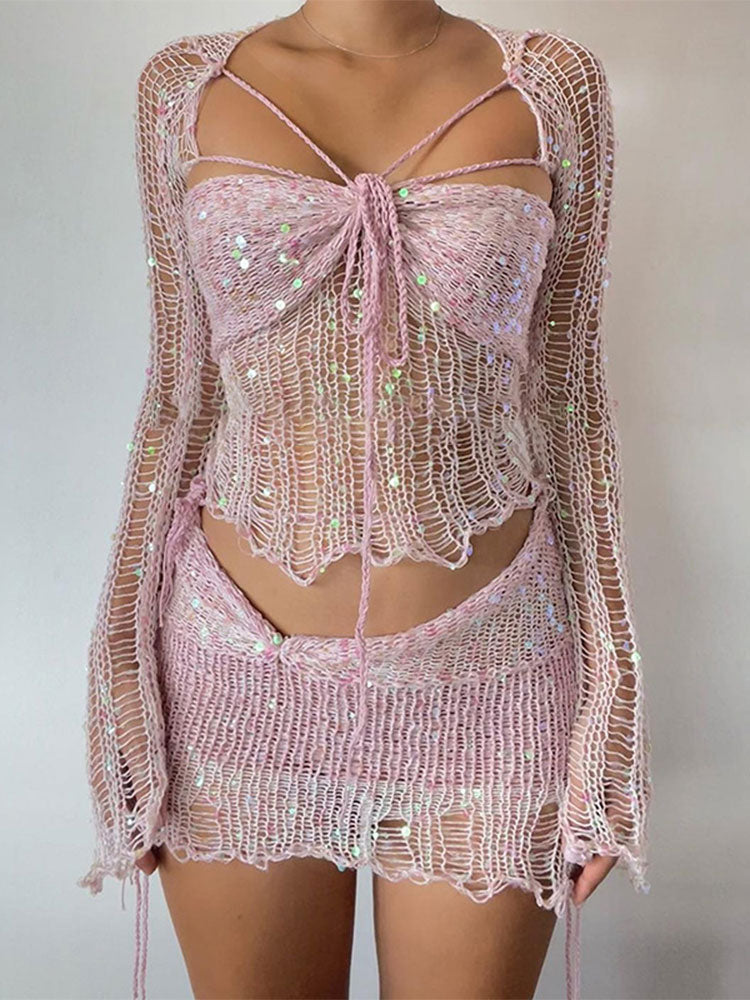 Distressed Knitted Sequin Three Piece Set - Festigal