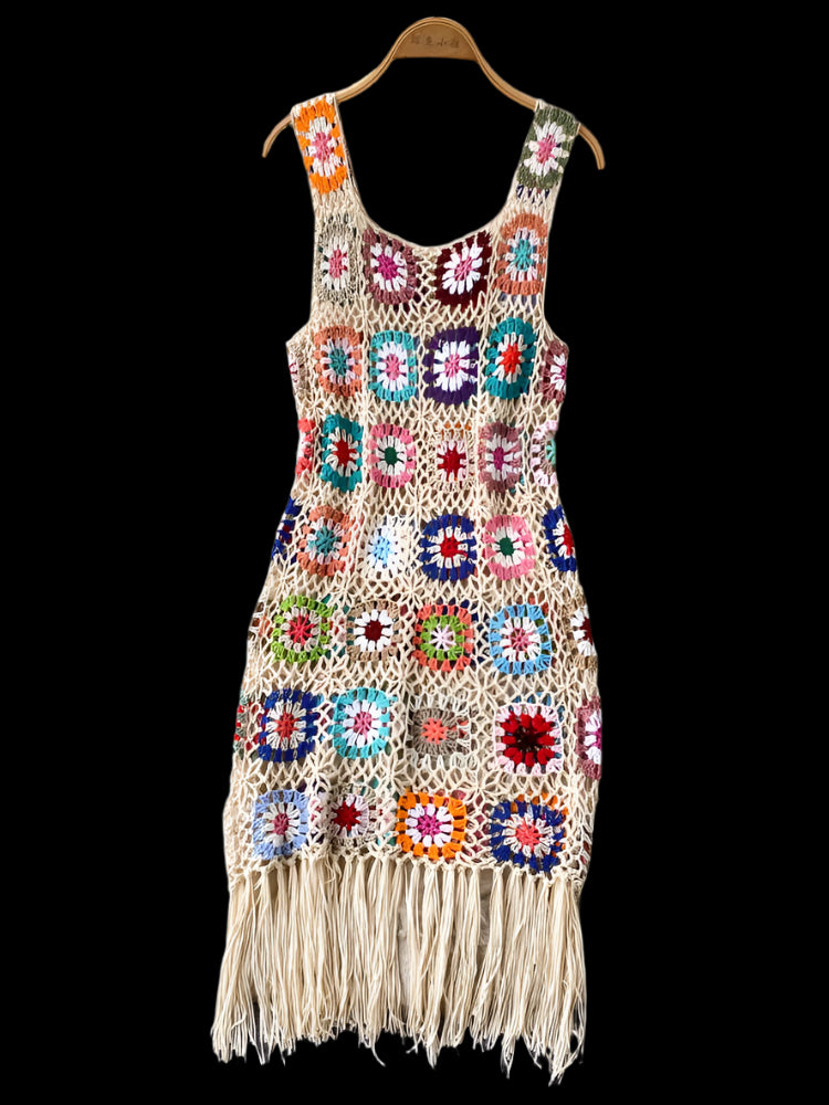Crochet Granny Square Tassel Dress - Festigal