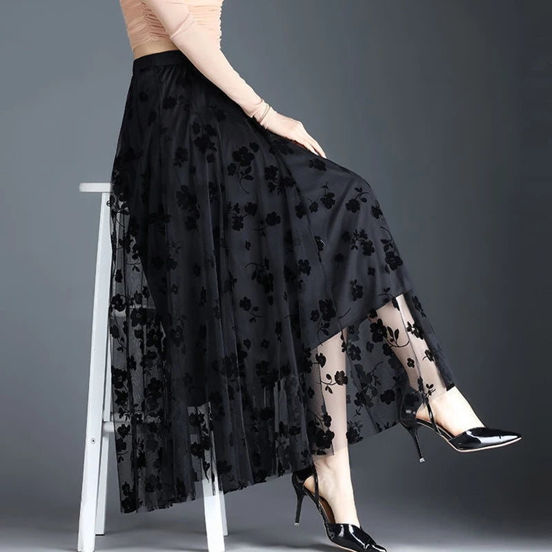 Floral Mesh Midi Skirt - Festigal