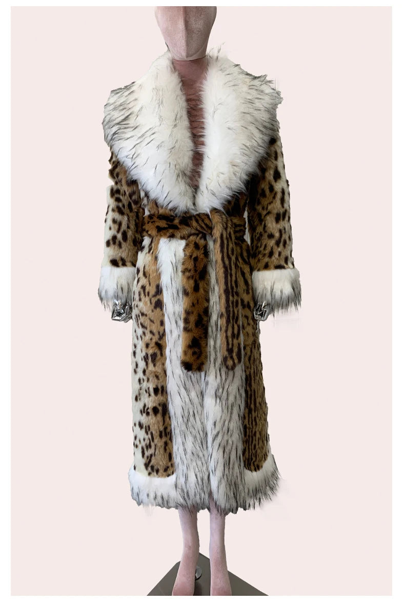 Long Faux Fur Leopard Print Coat - Festigal