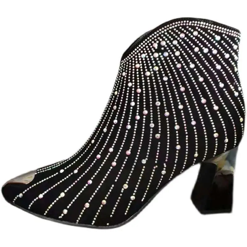 Black Rhinestone Ankle Boots - Festigal