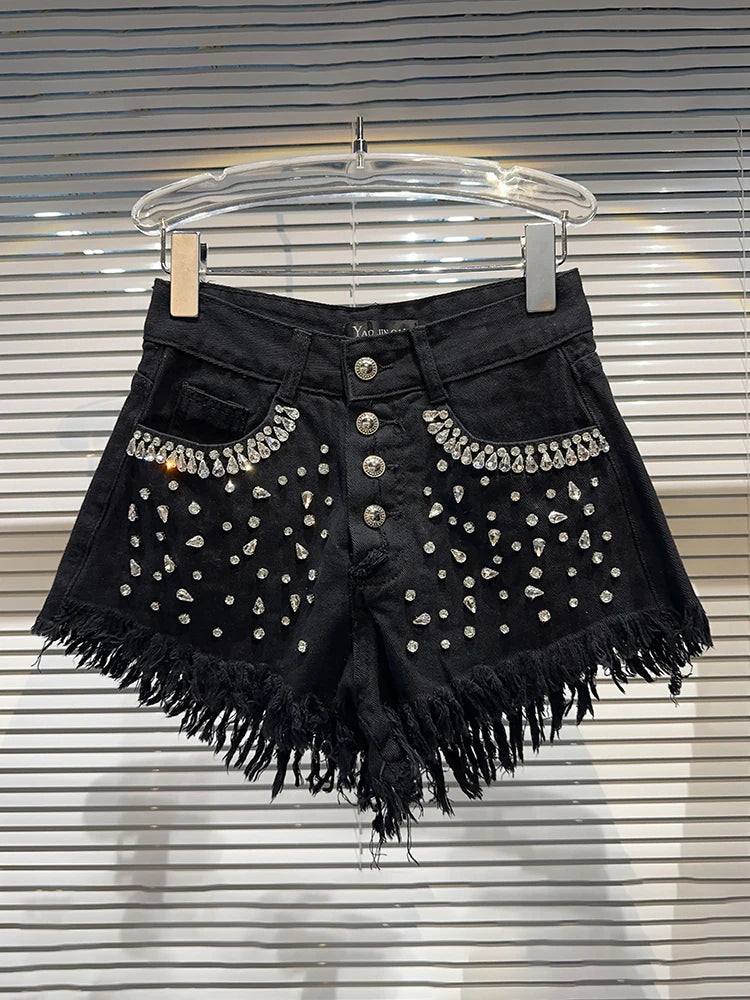 Denim Rhinestone Frayed Shorts - Festigal