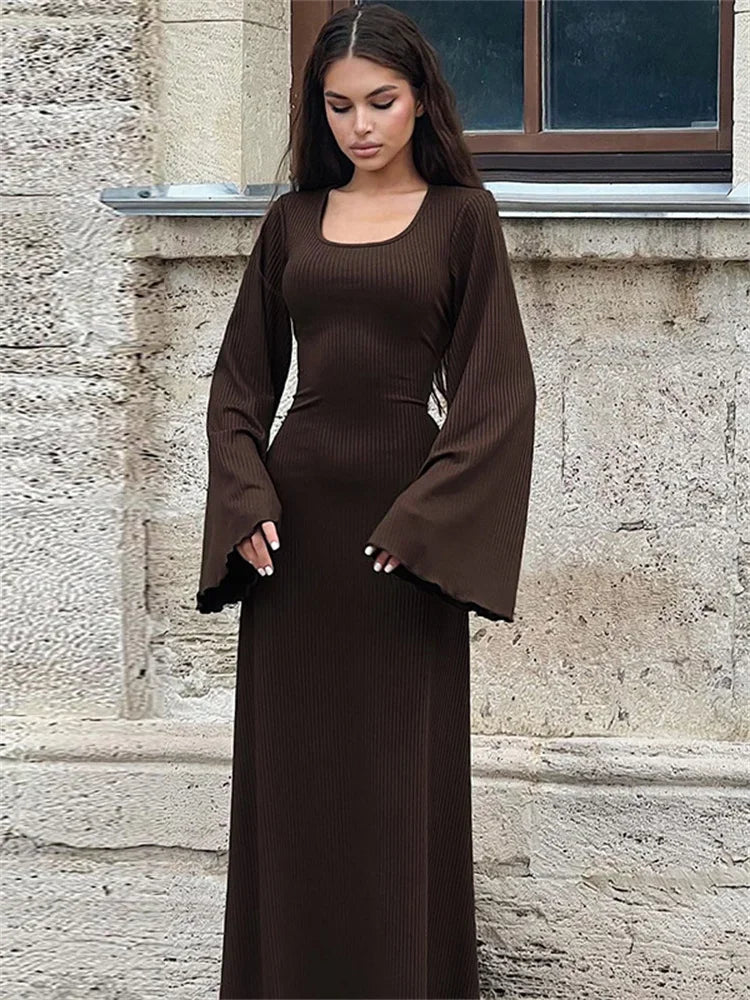 Bell Sleeved Ribbed Maxi Dress - Festigal