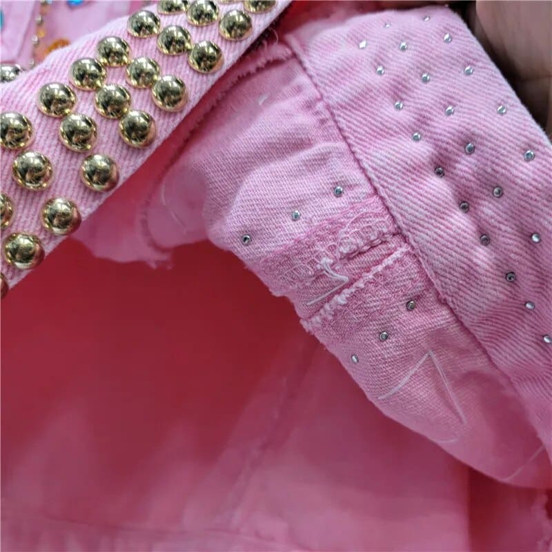 Gem Embellished Pink Denim Jacket - Festigal