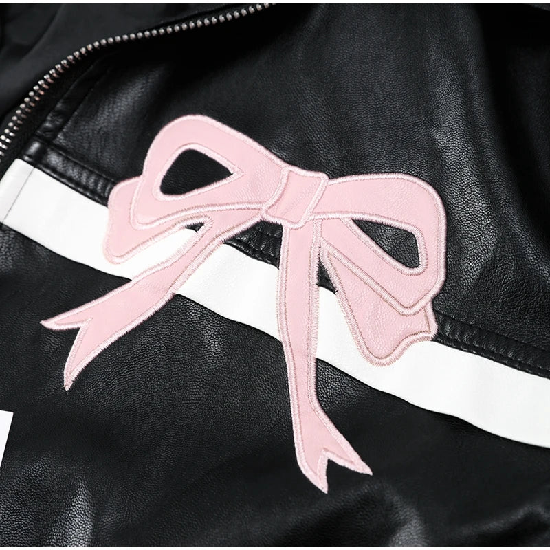 Pink Bow Motorcycle PU Leather Jacket - Festigal
