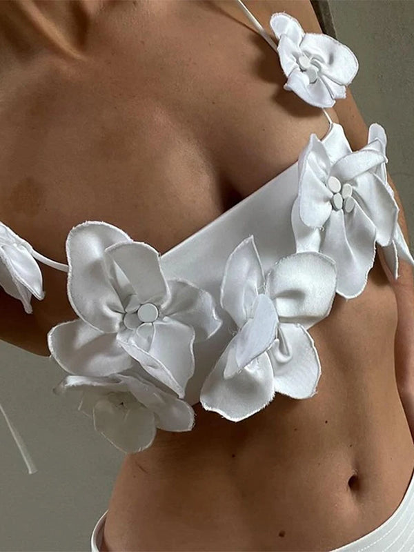White 3D Floral Crop Top - Festigal
